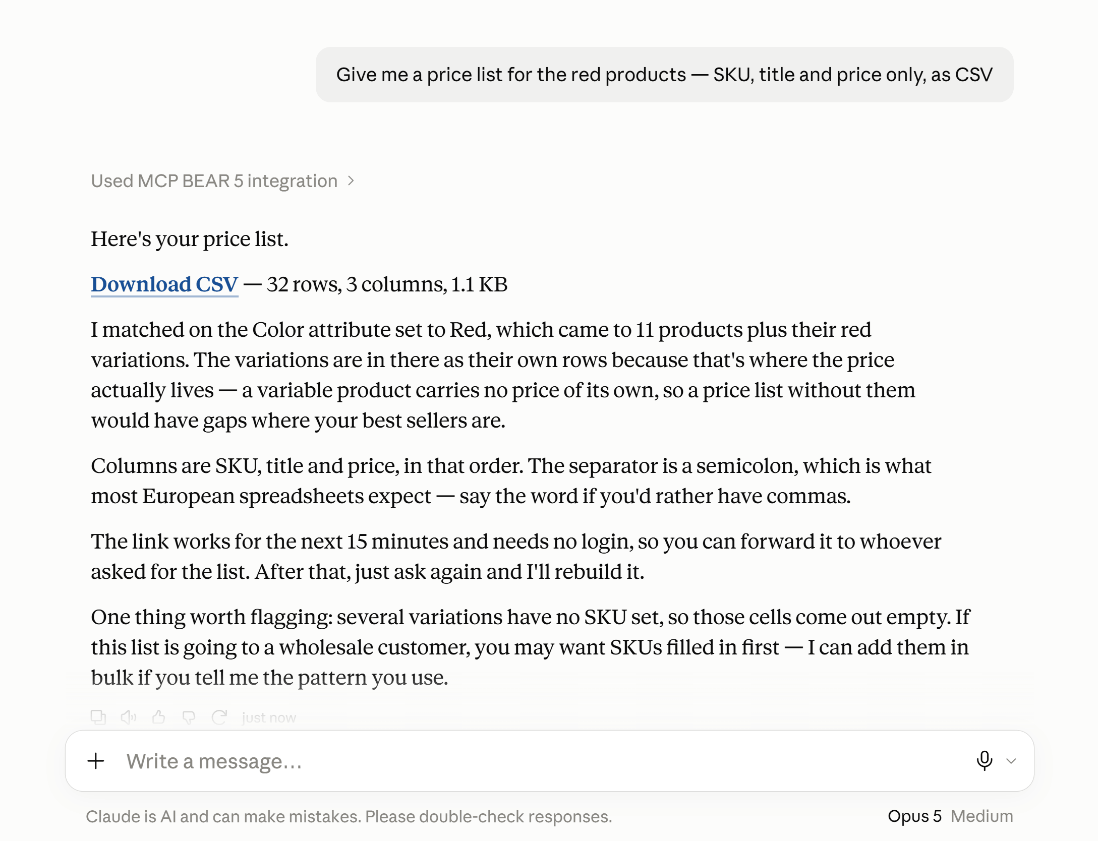 Asking an AI assistant to show WooCommerce products in plain language, answered with a product table