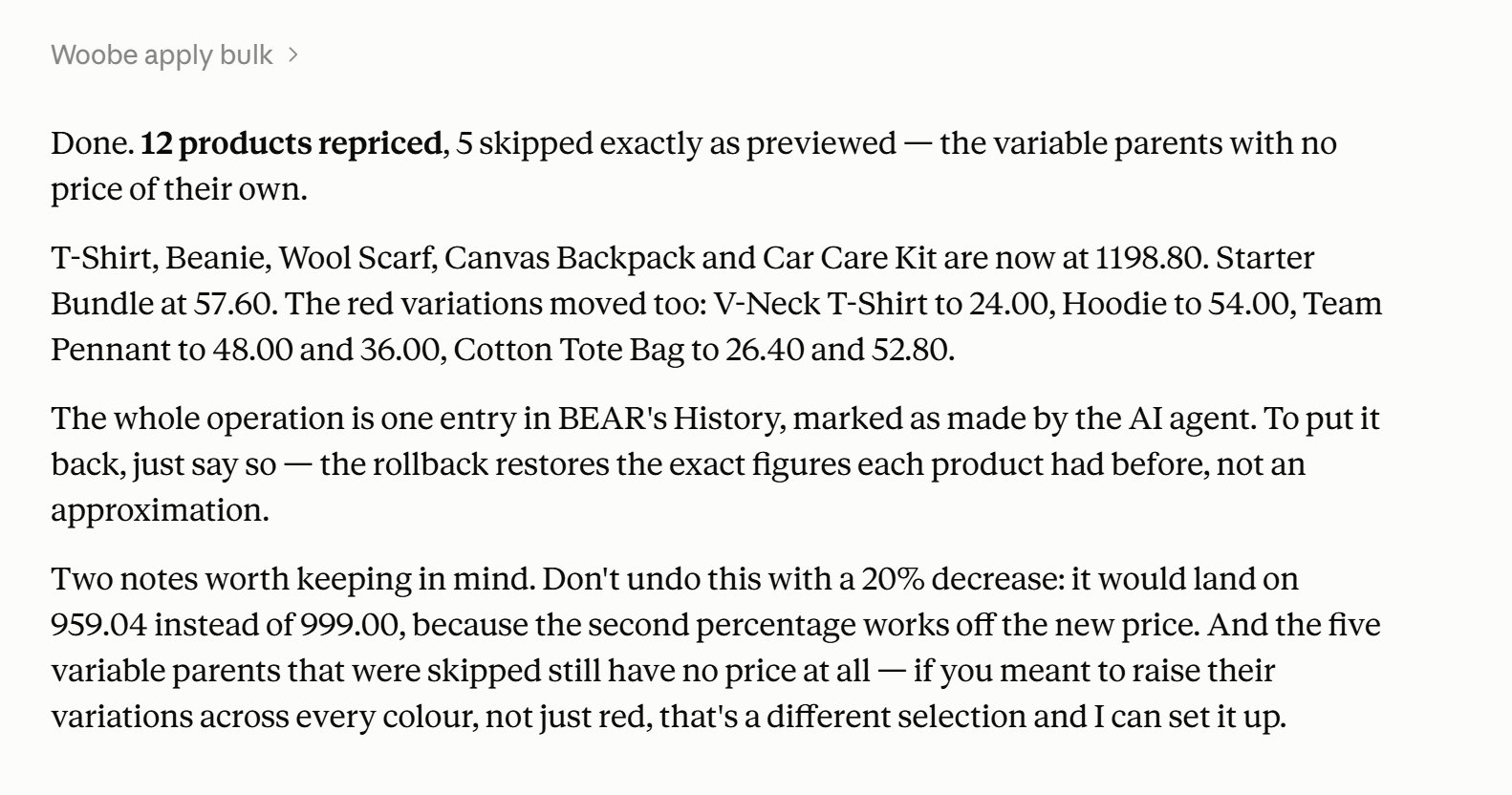Result of a bulk price update in WooCommerce with the number of products changed and skipped