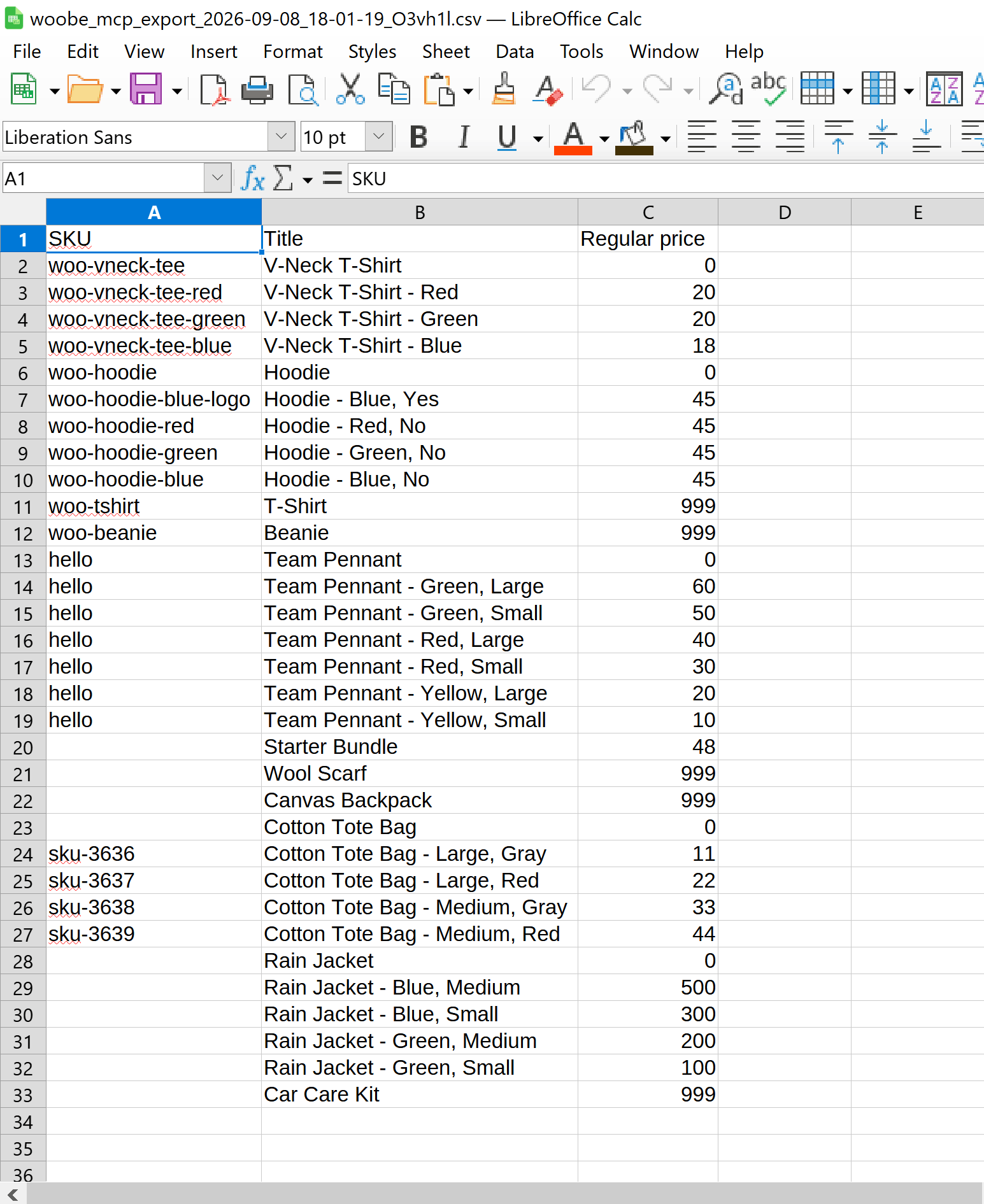 WooCommerce products filtered by colour and listed with prices, SKU and stock in the chat