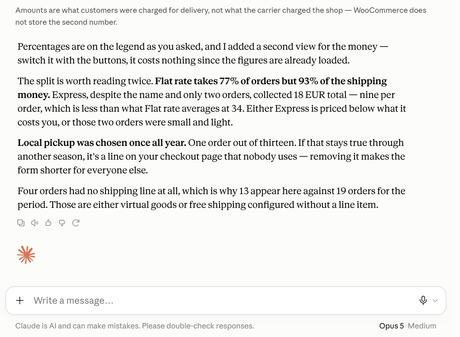 Share of WooCommerce orders per shipping method with a note on what the amounts mean