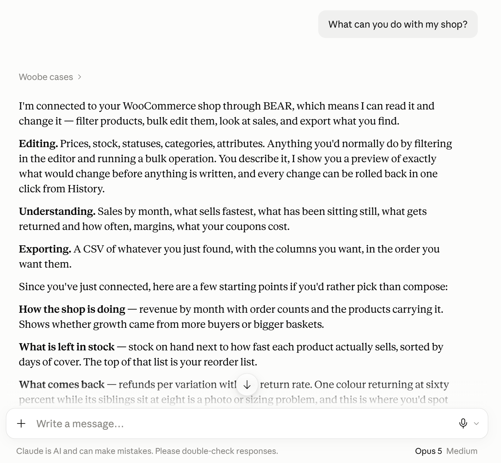 The assistant listing what it can do with a WooCommerce shop when asked