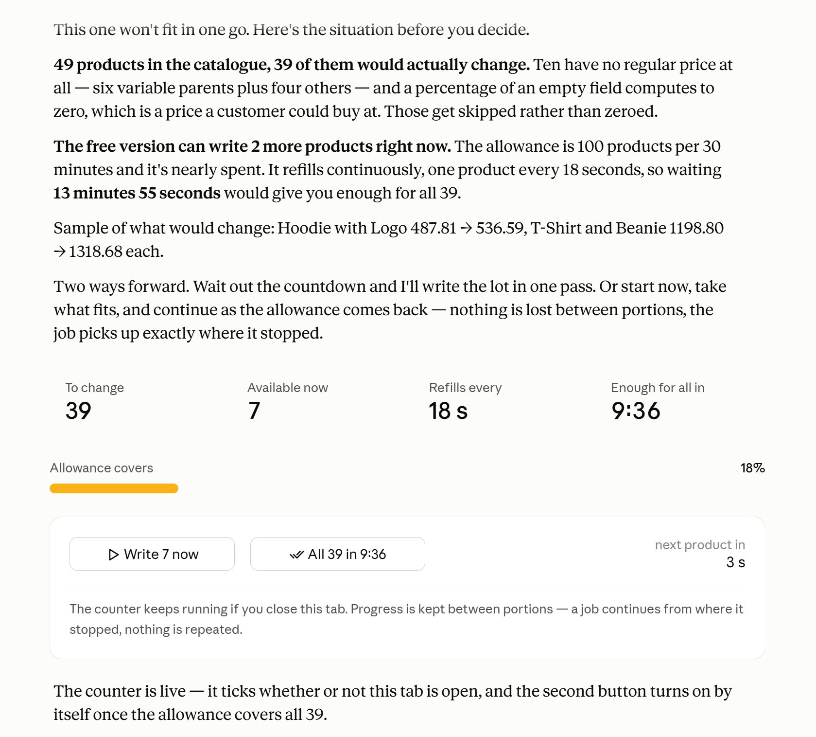 Progress bar for a long WooCommerce bulk edit showing products written, products left and the countdown to the next batch