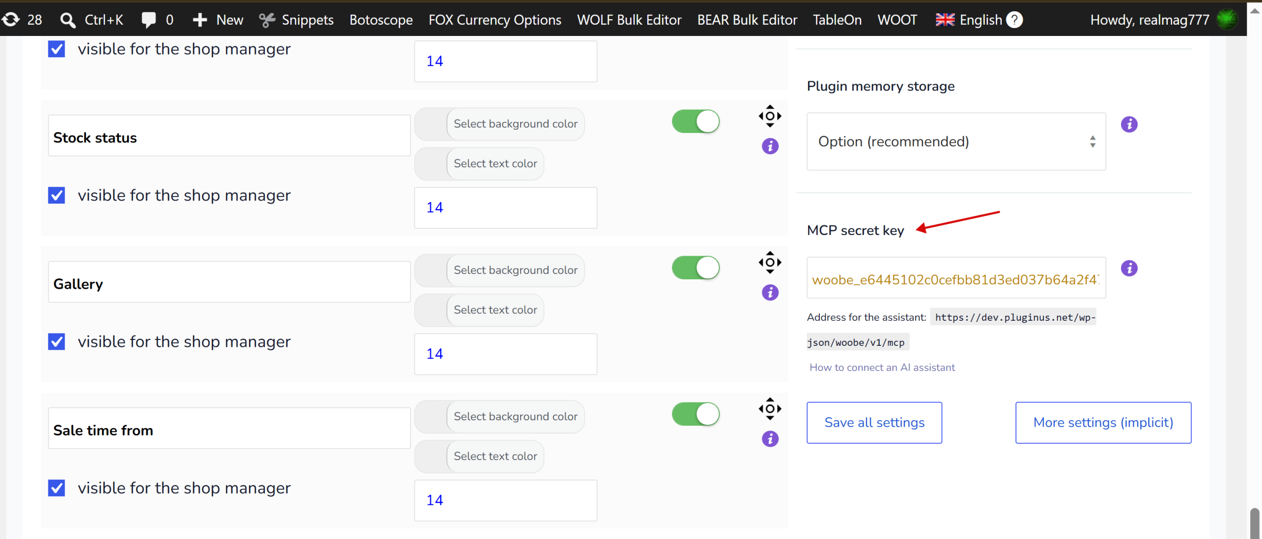 MCP secret key and endpoint address in the BEAR bulk editor settings for WooCommerce