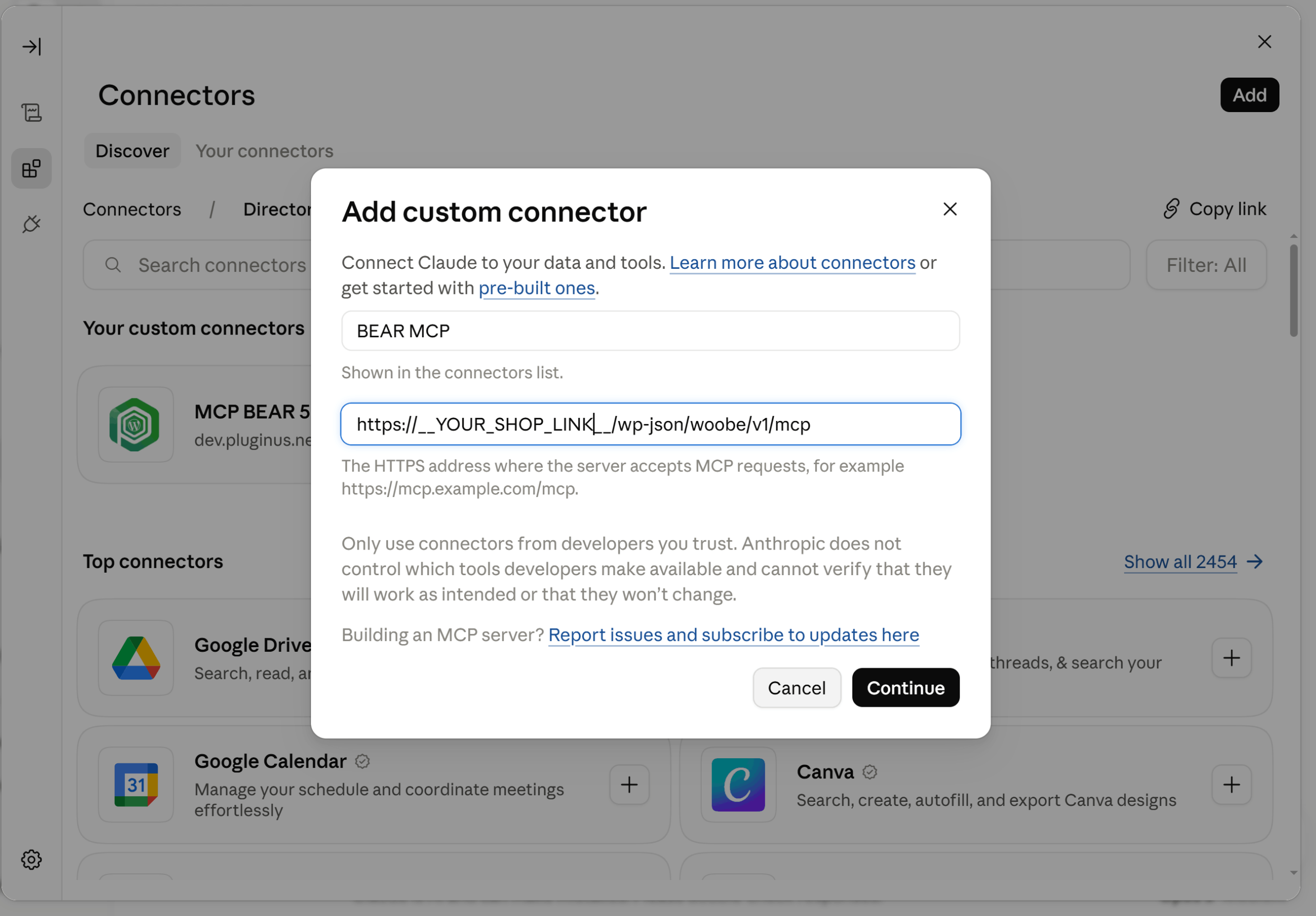 Adding the WooCommerce MCP server as a custom connector with an Authorization Bearer header