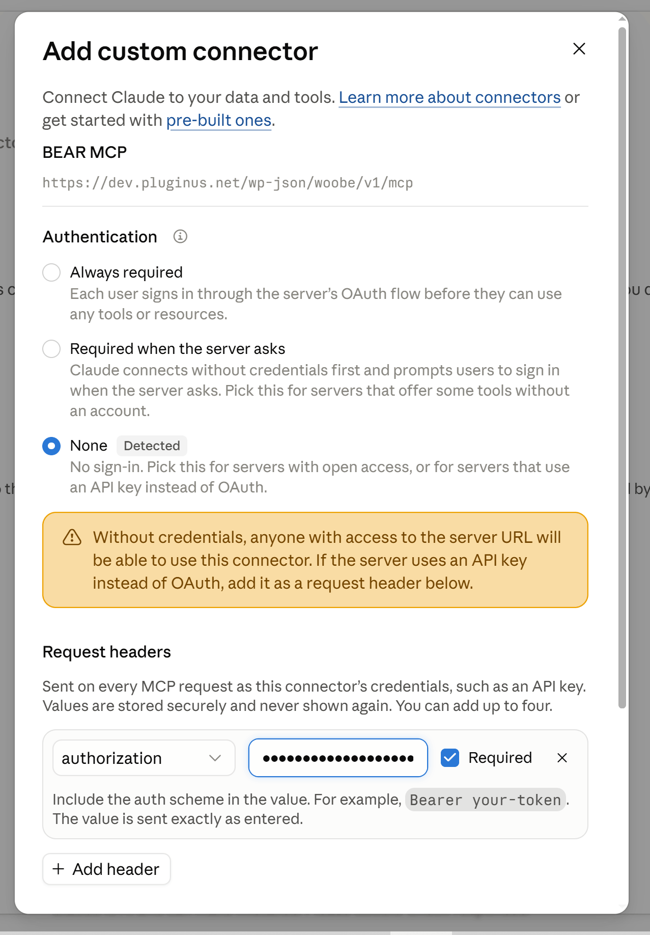 Connector dialog with the WooCommerce MCP endpoint entered and the server responding