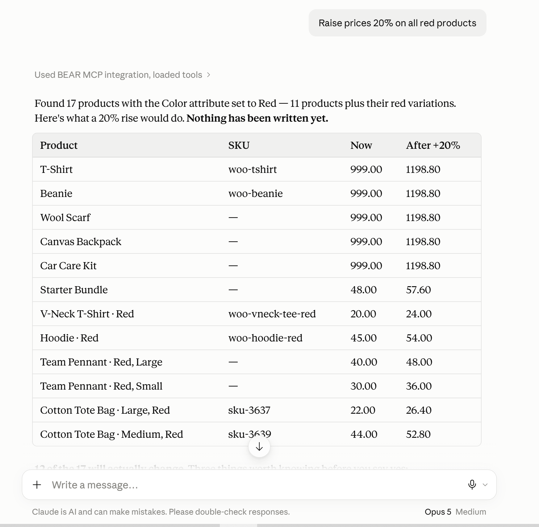 Preview of a bulk price increase in WooCommerce showing old and new prices before anything is written