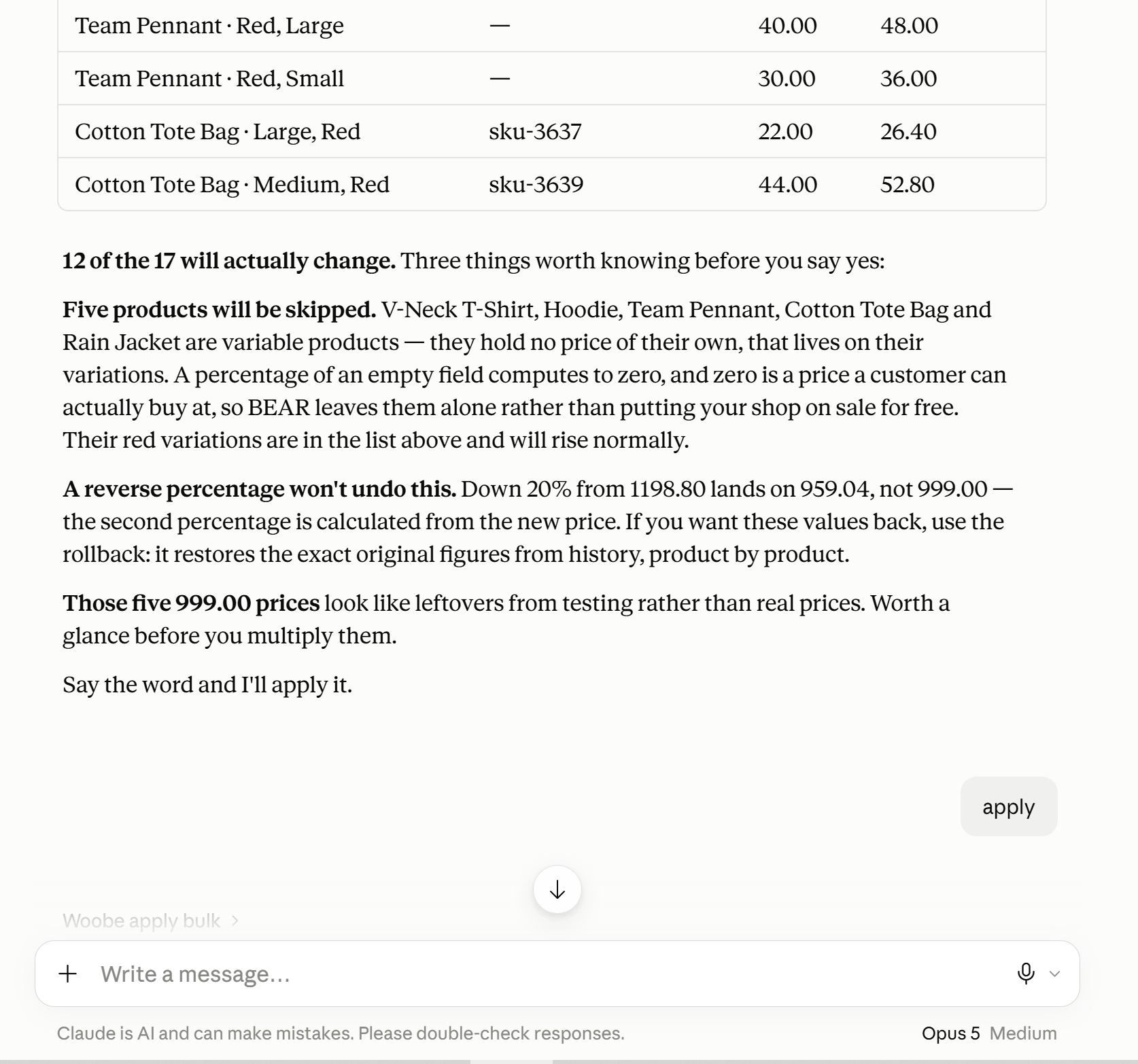 Warnings under a bulk edit preview about variable parents and empty price fields